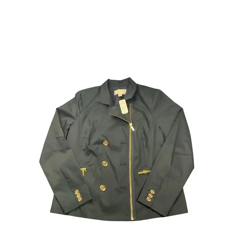 NWT Michael Kors Womens 14 Black Trench Jacket Gold Hardware Zip Blazer Coat